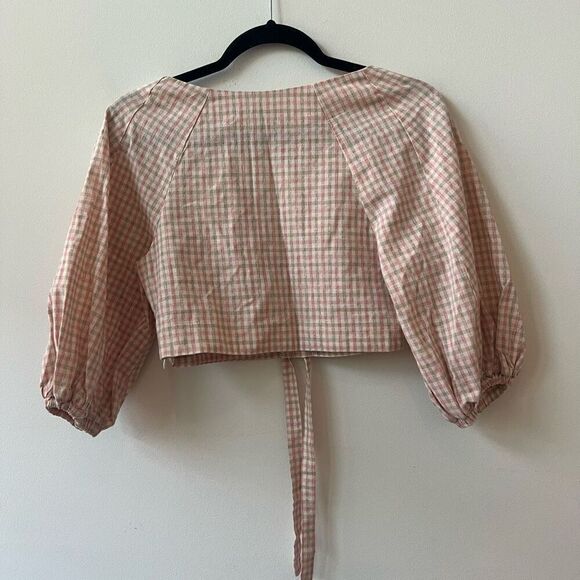 Chriselle x J.O.A Women's Pink Gingham Balloon Sleeve V-Neck Crop Top Size XS - Picture 3 of 8
